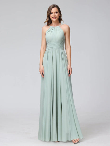 Wholesa A-Line Halter Sleeveless Ruched Floor-Length Chiffon Bridesmaid Dresses