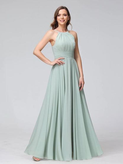 Wholesa A-Line Halter Sleeveless Ruched Floor-Length Chiffon Bridesmaid Dresses