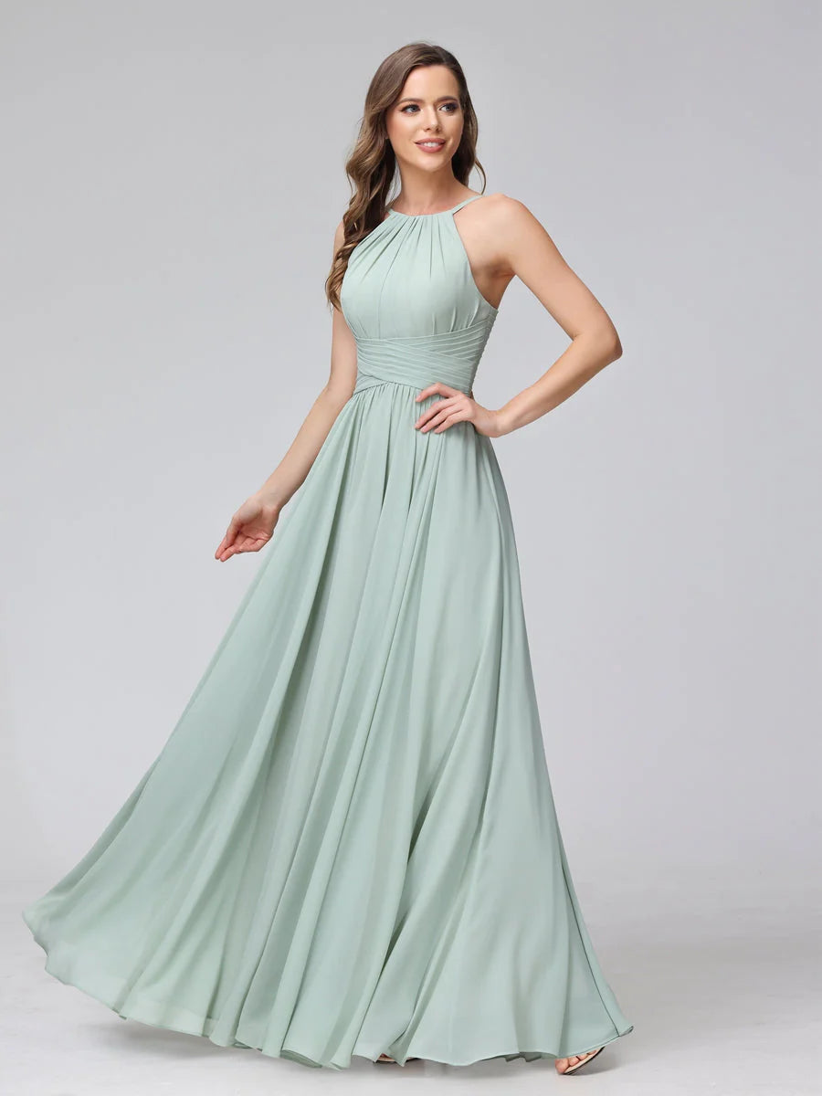 Wholesa A-Line Halter Sleeveless Ruched Floor-Length Chiffon Bridesmaid Dresses