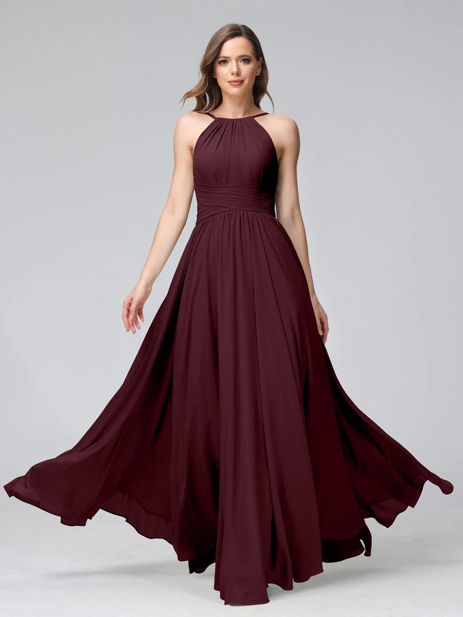 Wholesa A-Line Halter Sleeveless Ruched Floor-Length Chiffon Bridesmaid Dresses