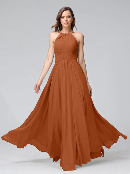 Wholesa A-Line Halter Sleeveless Ruched Floor-Length Chiffon Bridesmaid Dresses