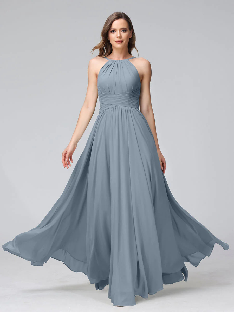 Wholesa A-Line Halter Sleeveless Ruched Floor-Length Chiffon Bridesmaid Dresses