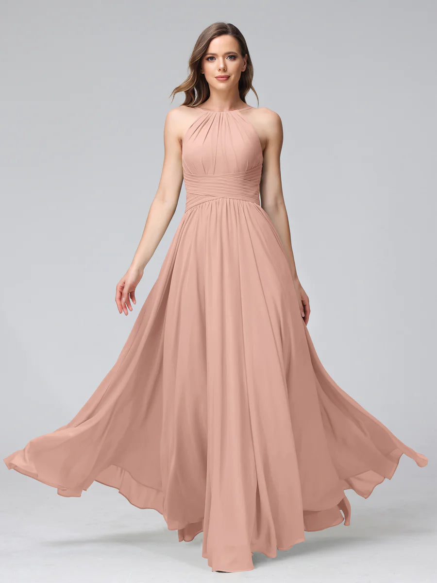 Wholesa A-Line Halter Sleeveless Ruched Floor-Length Chiffon Bridesmaid Dresses