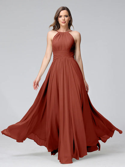 Wholesa A-Line Halter Sleeveless Ruched Floor-Length Chiffon Bridesmaid Dresses