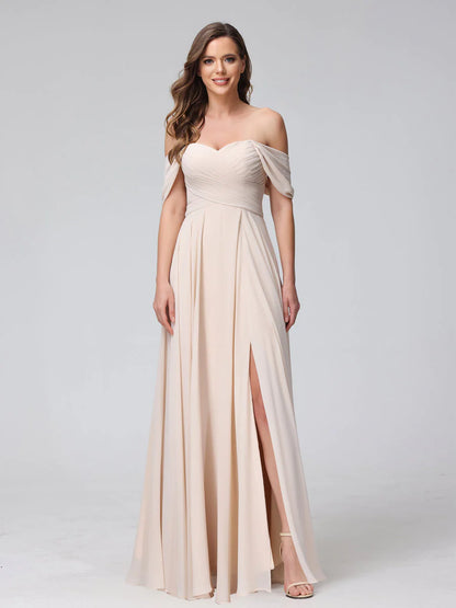 Wholesa A-Line Off-The-Shoulder Sleeveless Ruched Long Chiffon Bridesmaid Dresses With Split Side