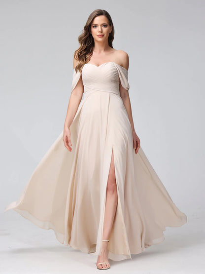 Wholesa A-Line Off-The-Shoulder Sleeveless Ruched Long Chiffon Bridesmaid Dresses With Split Side