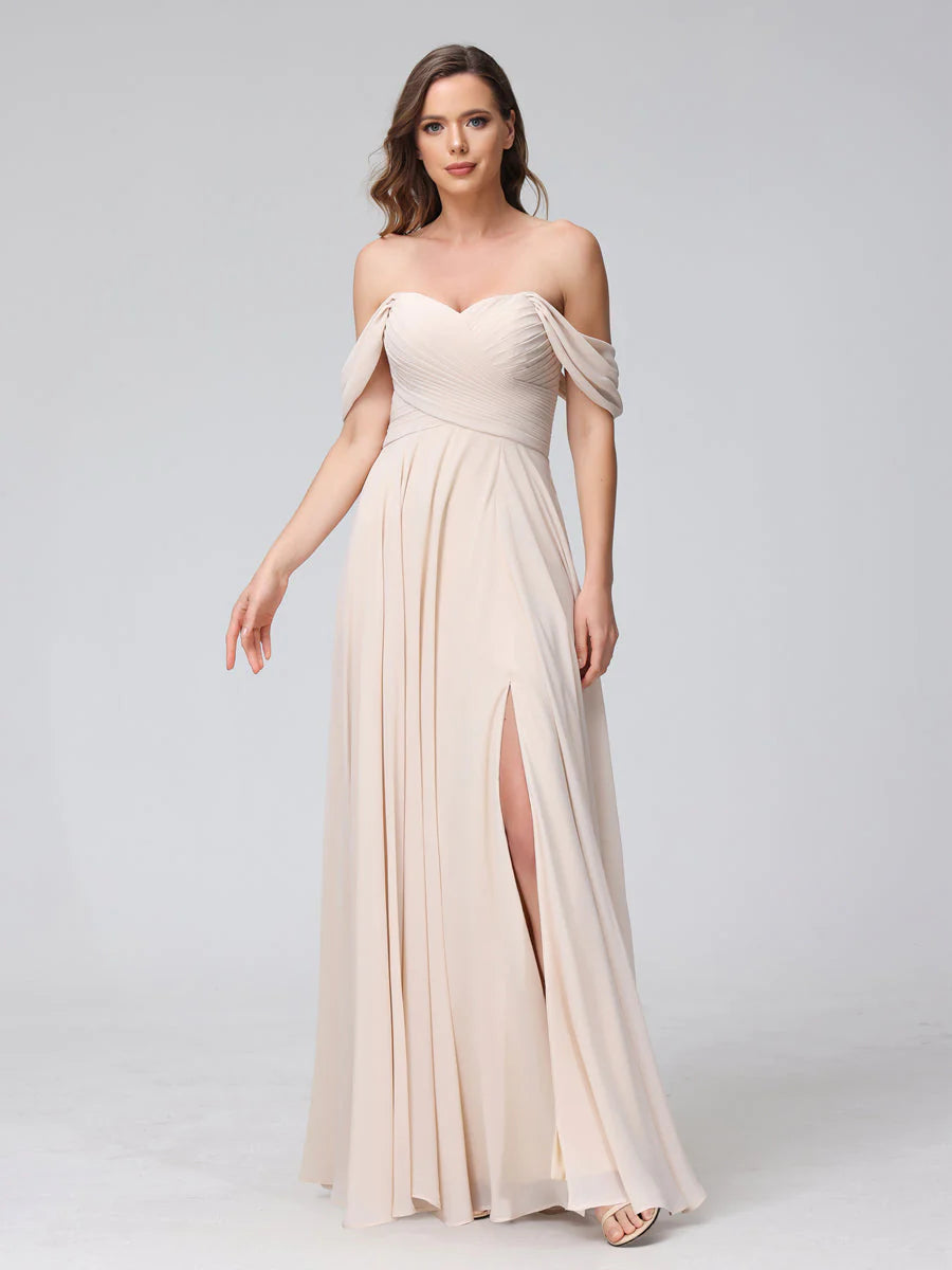 Wholesa A-Line Off-The-Shoulder Sleeveless Ruched Long Chiffon Bridesmaid Dresses With Split Side