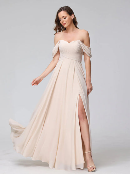 Wholesa A-Line Off-The-Shoulder Sleeveless Ruched Long Chiffon Bridesmaid Dresses With Split Side