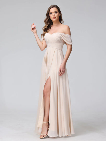 Wholesa A-Line Off-The-Shoulder Sleeveless Ruched Long Chiffon Bridesmaid Dresses With Split Side