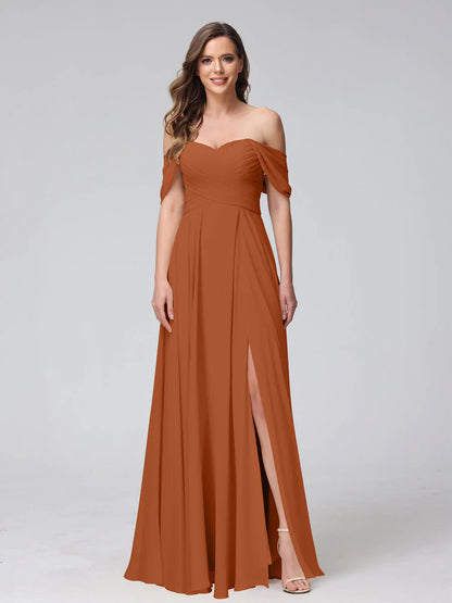 Wholesa A-Line Off-The-Shoulder Sleeveless Ruched Long Chiffon Bridesmaid Dresses With Split Side