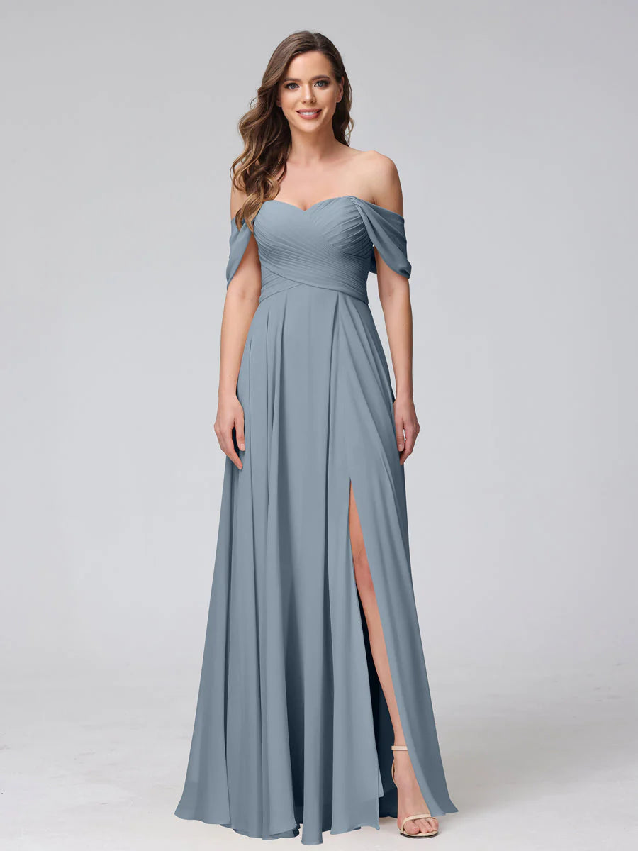 Wholesa A-Line Off-The-Shoulder Sleeveless Ruched Long Chiffon Bridesmaid Dresses With Split Side