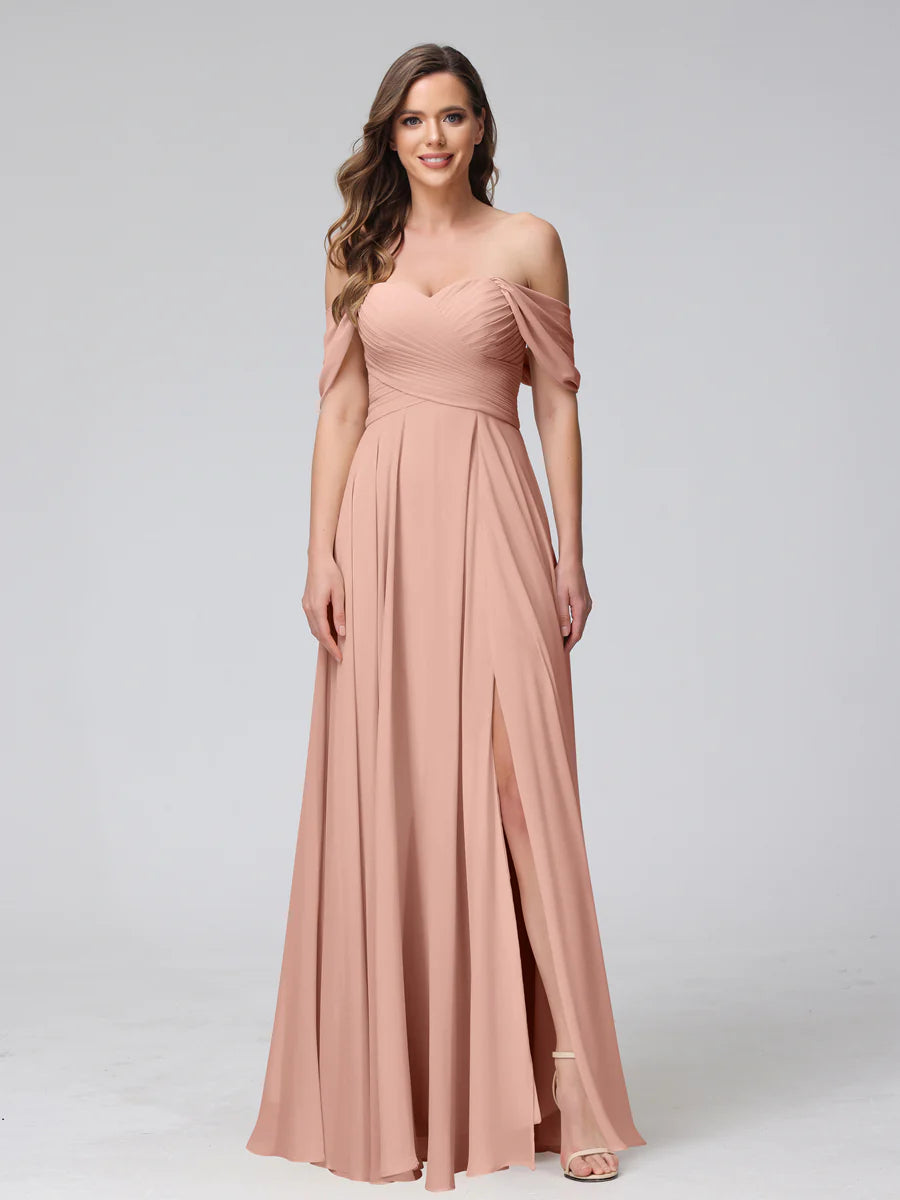 Wholesa A-Line Off-The-Shoulder Sleeveless Ruched Long Chiffon Bridesmaid Dresses With Split Side