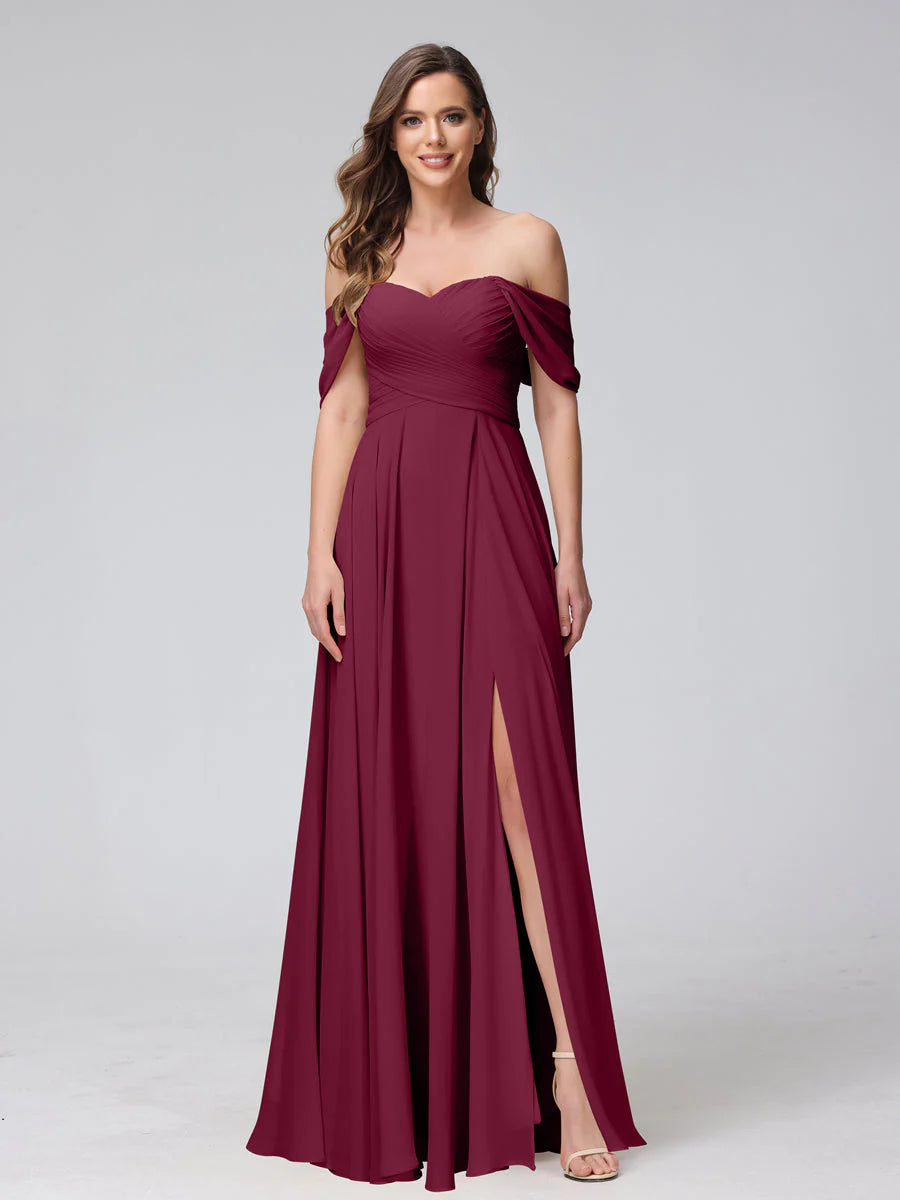 Wholesa A-Line Off-The-Shoulder Sleeveless Ruched Long Chiffon Bridesmaid Dresses With Split Side