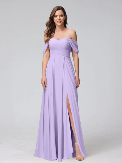 Wholesa A-Line Off-The-Shoulder Sleeveless Ruched Long Chiffon Bridesmaid Dresses With Split Side