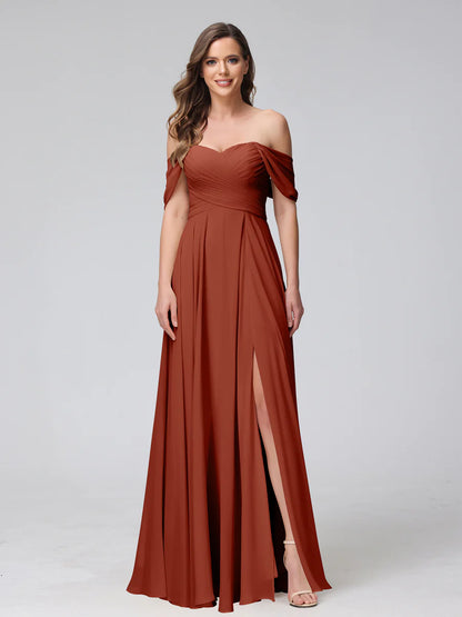 Wholesa A-Line Off-The-Shoulder Sleeveless Ruched Long Chiffon Bridesmaid Dresses With Split Side