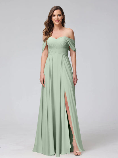 Wholesa A-Line Off-The-Shoulder Sleeveless Ruched Long Chiffon Bridesmaid Dresses With Split Side