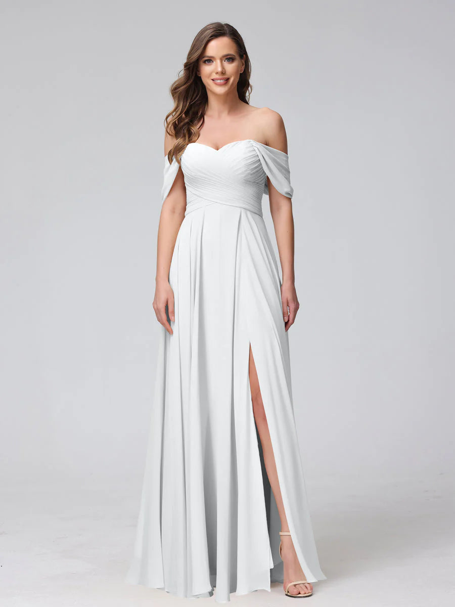 Wholesa A-Line Off-The-Shoulder Sleeveless Ruched Long Chiffon Bridesmaid Dresses With Split Side