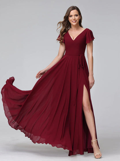 Wholesa A-Line V-Neck Ruffles Short Sleeves Long Chiffon Dresses With Split Side & Pockets