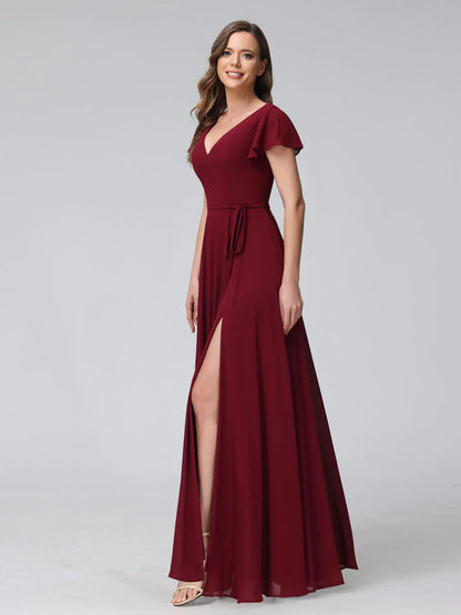 Wholesa A-Line V-Neck Ruffles Short Sleeves Long Chiffon Dresses With Split Side & Pockets