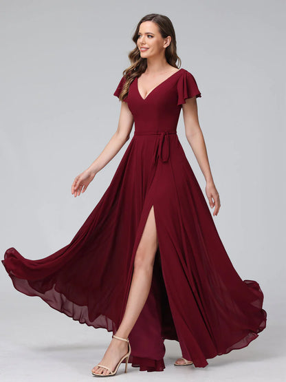 Wholesa A-Line V-Neck Ruffles Short Sleeves Long Chiffon Dresses With Split Side & Pockets