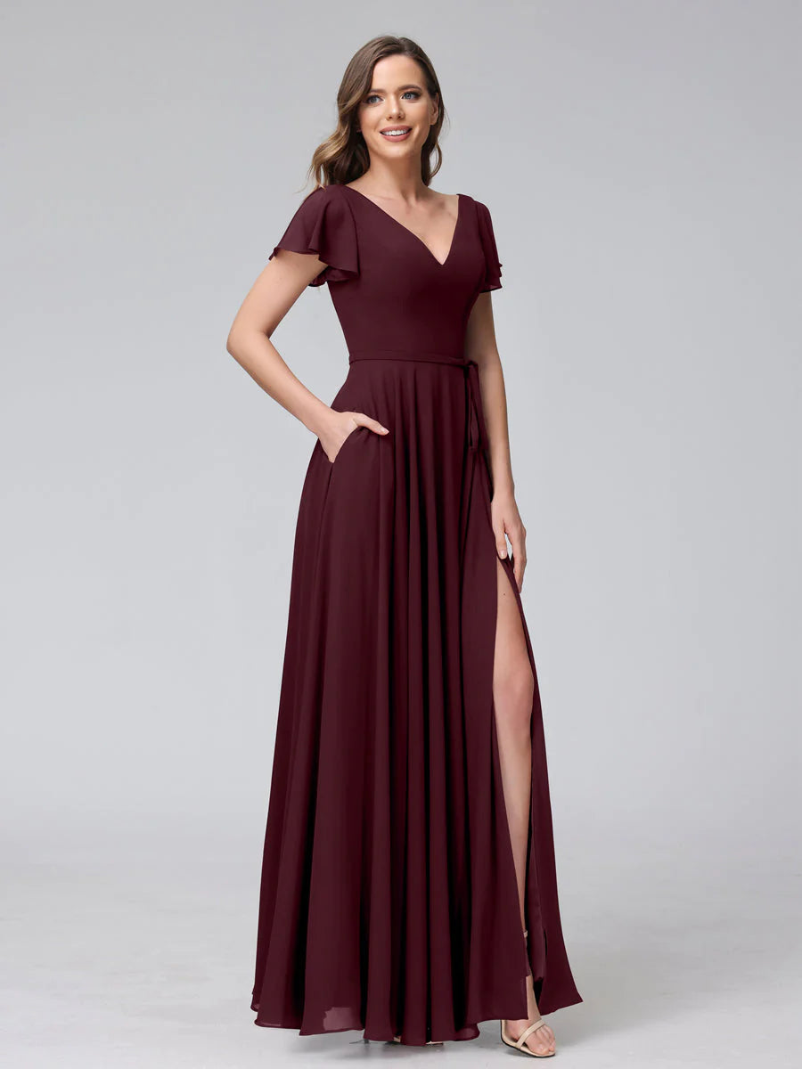 Wholesa A-Line V-Neck Ruffles Short Sleeves Long Chiffon Dresses With Split Side & Pockets