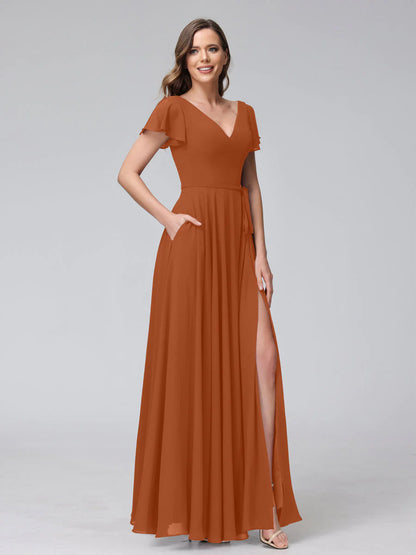 Wholesa A-Line V-Neck Ruffles Short Sleeves Long Chiffon Dresses With Split Side & Pockets