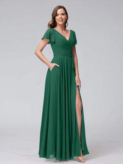 Wholesa A-Line V-Neck Ruffles Short Sleeves Long Chiffon Dresses With Split Side & Pockets