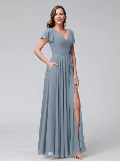 Wholesa A-Line V-Neck Ruffles Short Sleeves Long Chiffon Dresses With Split Side & Pockets