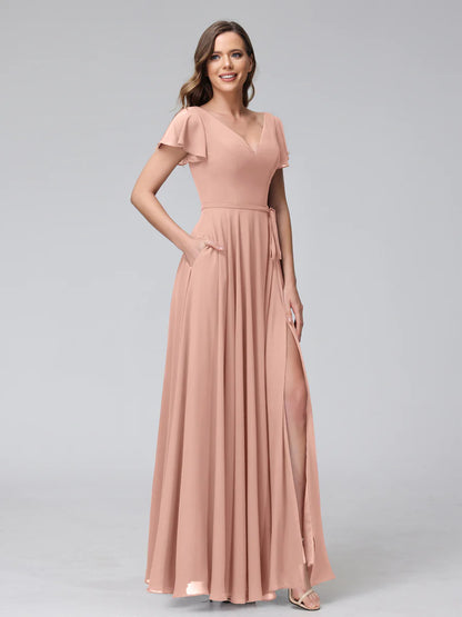 Wholesa A-Line V-Neck Ruffles Short Sleeves Long Chiffon Dresses With Split Side & Pockets