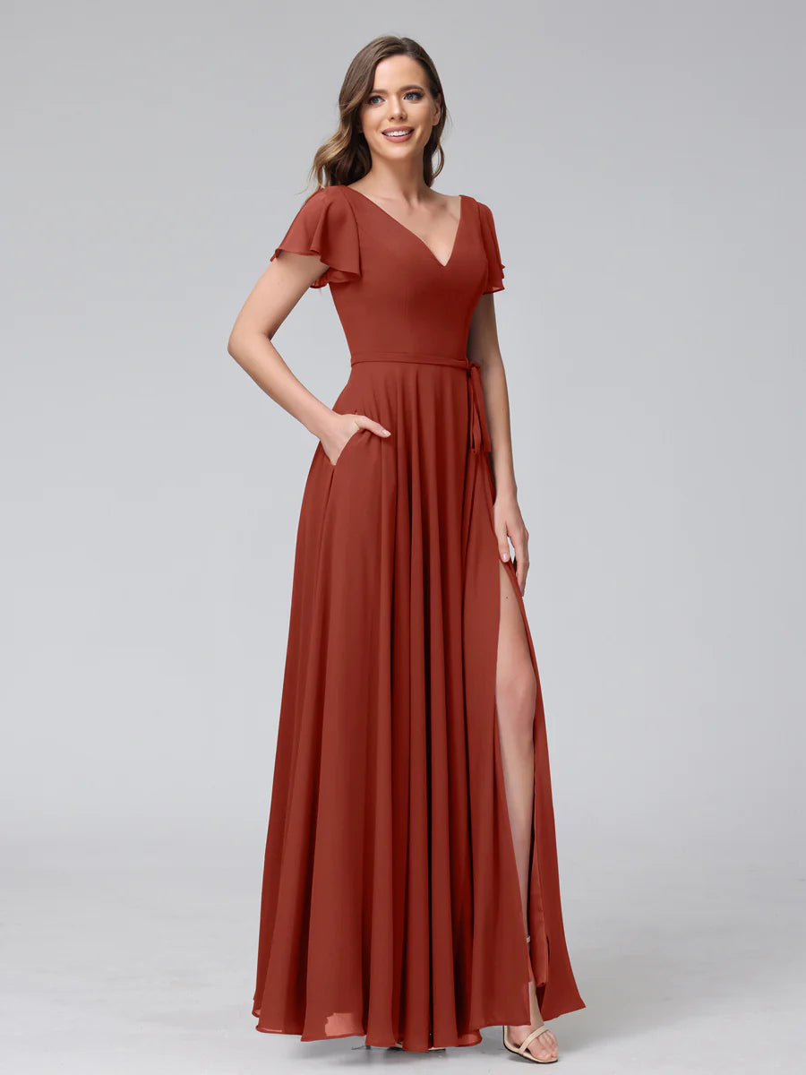 Wholesa A-Line V-Neck Ruffles Short Sleeves Long Chiffon Dresses With Split Side & Pockets