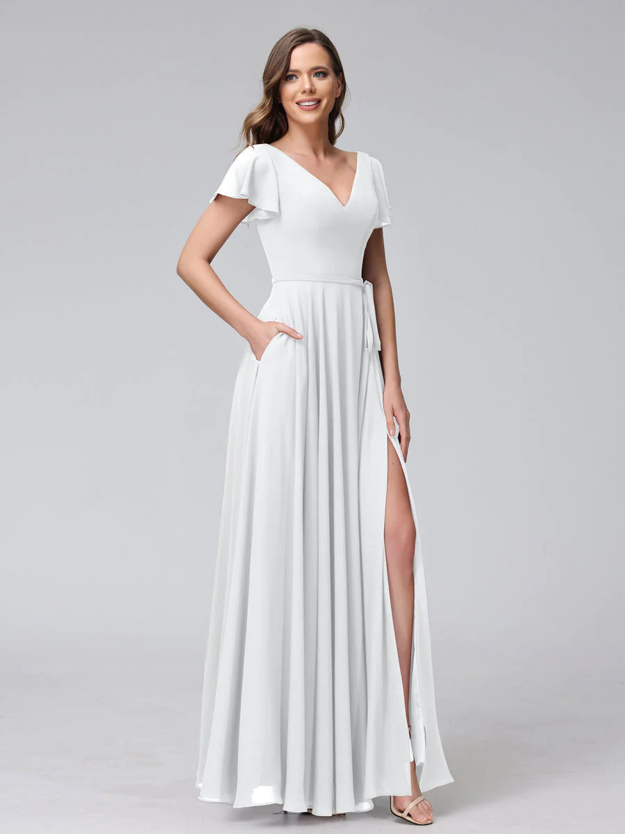 Wholesa A-Line V-Neck Ruffles Short Sleeves Long Chiffon Dresses With Split Side & Pockets