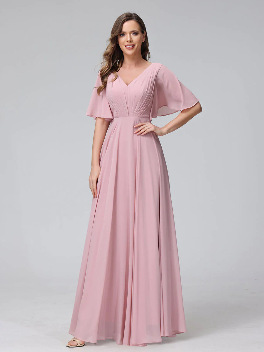 Wholesa A-Line V-Neck Half Sleeves Long Chiffon Bridesmaid Dresses With Ruffles Pockets