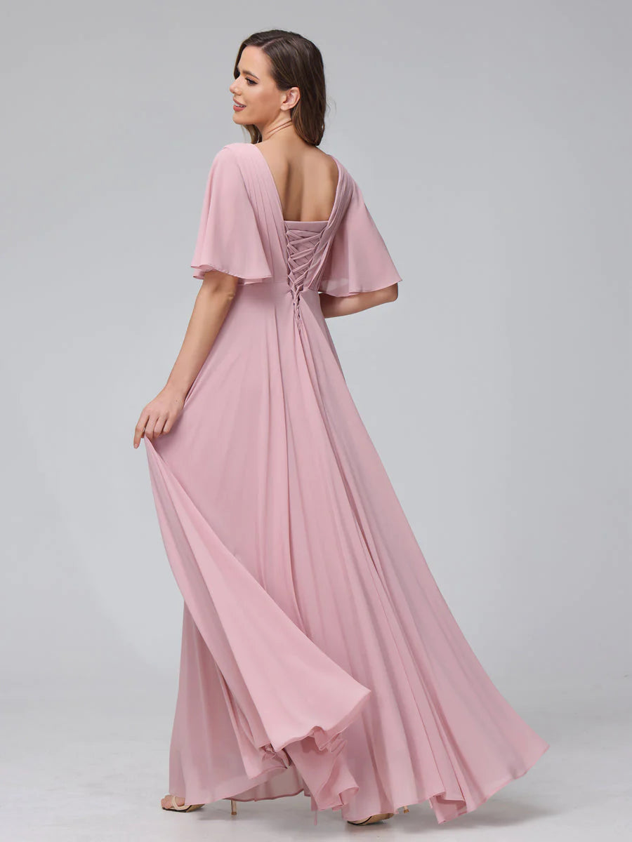 Wholesa A-Line V-Neck Half Sleeves Long Chiffon Bridesmaid Dresses With Ruffles Pockets