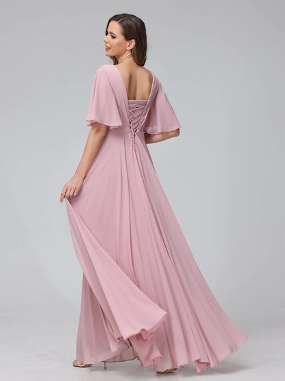 Wholesa A-Line V-Neck Half Sleeves Long Chiffon Bridesmaid Dresses With Ruffles Pockets