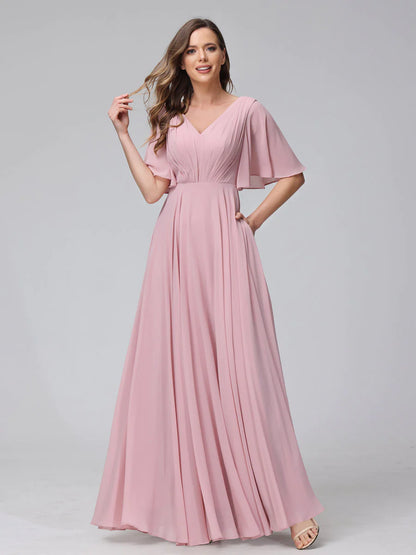 Wholesa A-Line V-Neck Half Sleeves Long Chiffon Bridesmaid Dresses With Ruffles Pockets