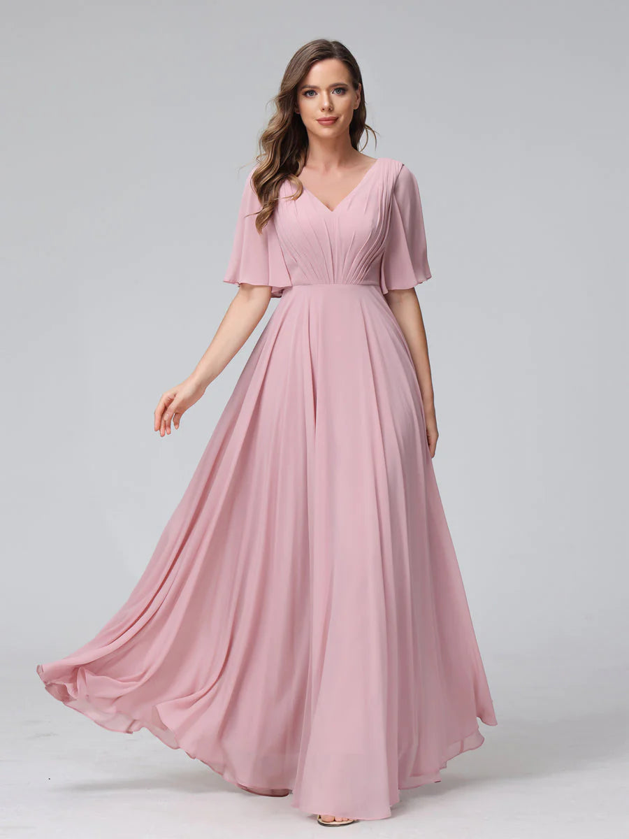 Wholesa A-Line V-Neck Half Sleeves Long Chiffon Bridesmaid Dresses With Ruffles Pockets