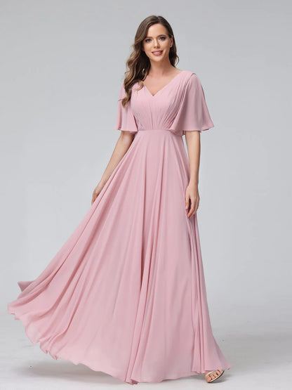 Wholesa A-Line V-Neck Half Sleeves Long Chiffon Bridesmaid Dresses With Ruffles Pockets