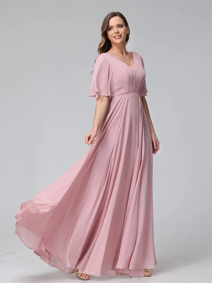 Wholesa A-Line V-Neck Half Sleeves Long Chiffon Bridesmaid Dresses With Ruffles Pockets