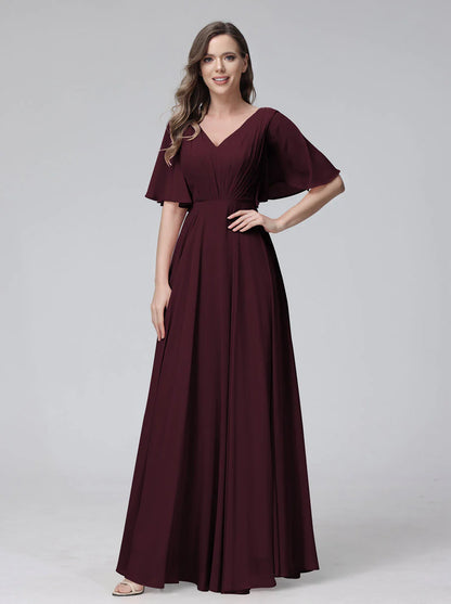 Wholesa A-Line V-Neck Half Sleeves Long Chiffon Bridesmaid Dresses With Ruffles Pockets