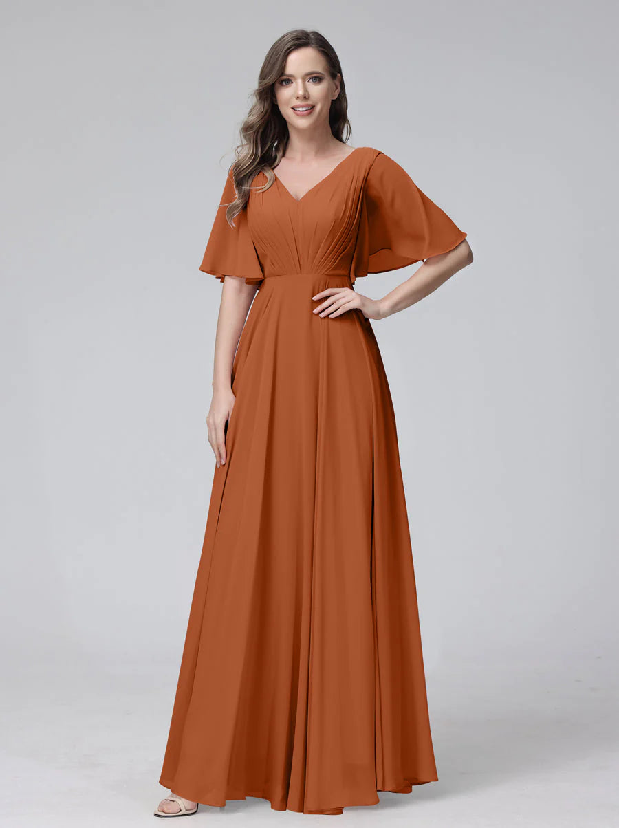 Wholesa A-Line V-Neck Half Sleeves Long Chiffon Bridesmaid Dresses With Ruffles Pockets