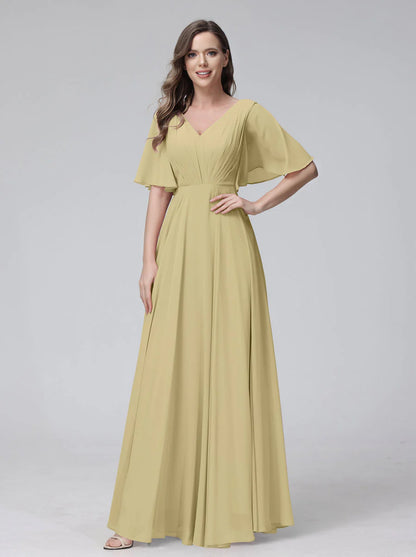 Wholesa A-Line V-Neck Half Sleeves Long Chiffon Bridesmaid Dresses With Ruffles Pockets