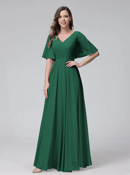 Wholesa A-Line V-Neck Half Sleeves Long Chiffon Bridesmaid Dresses With Ruffles Pockets