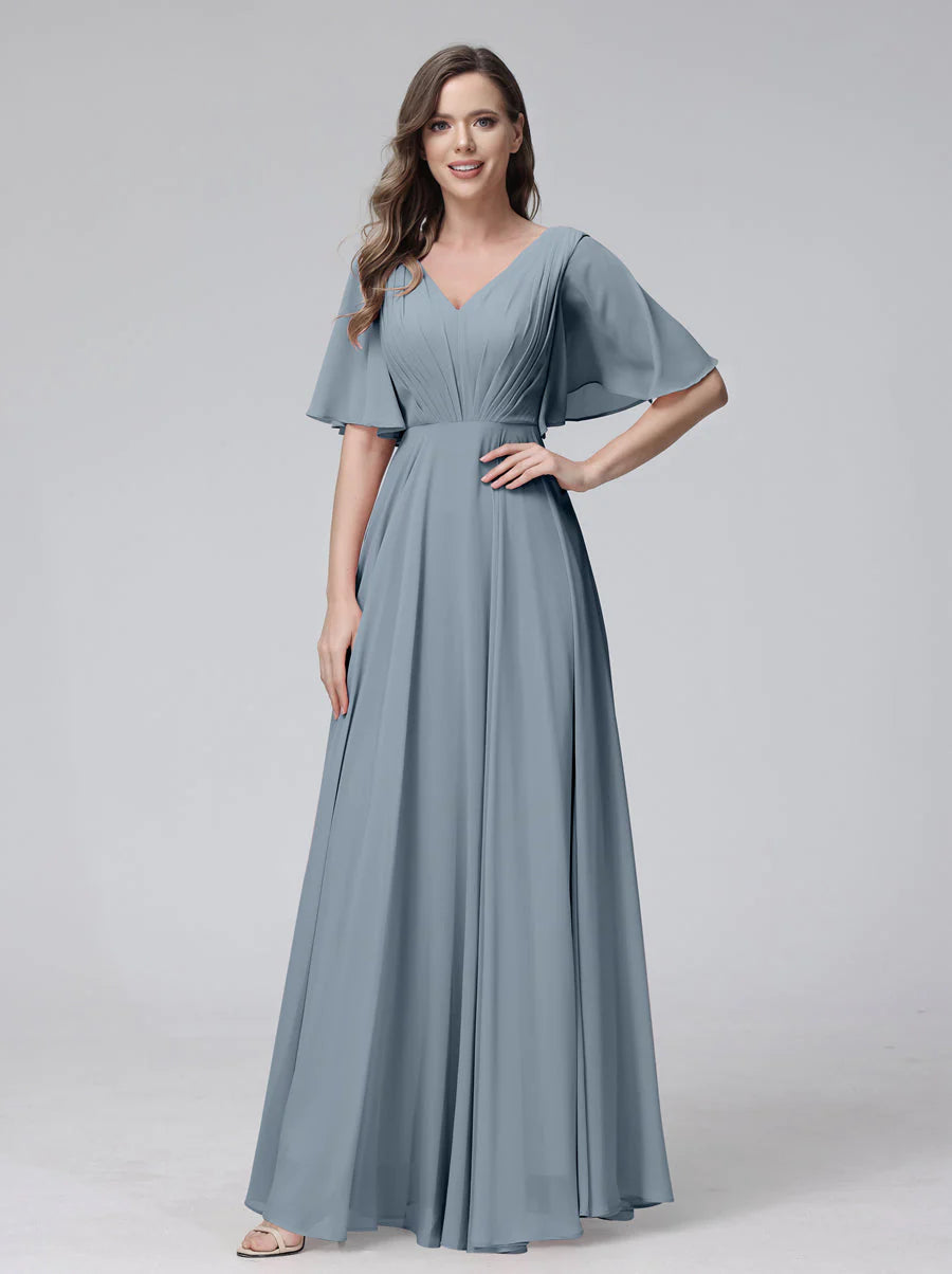 Wholesa A-Line V-Neck Half Sleeves Long Chiffon Bridesmaid Dresses With Ruffles Pockets