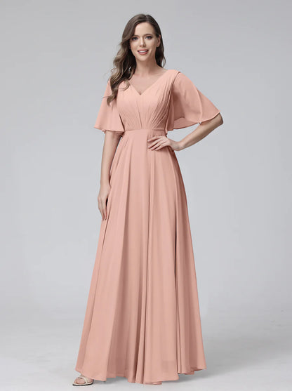 Wholesa A-Line V-Neck Half Sleeves Long Chiffon Bridesmaid Dresses With Ruffles Pockets