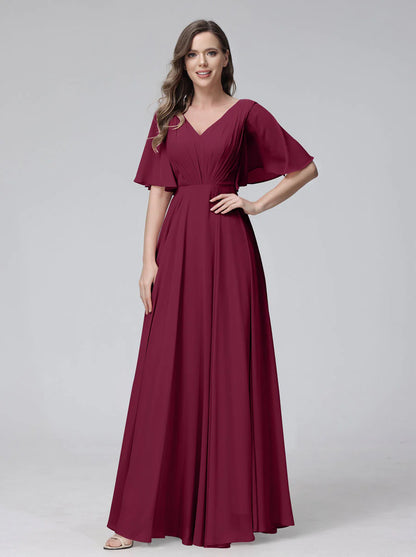 Wholesa A-Line V-Neck Half Sleeves Long Chiffon Bridesmaid Dresses With Ruffles Pockets