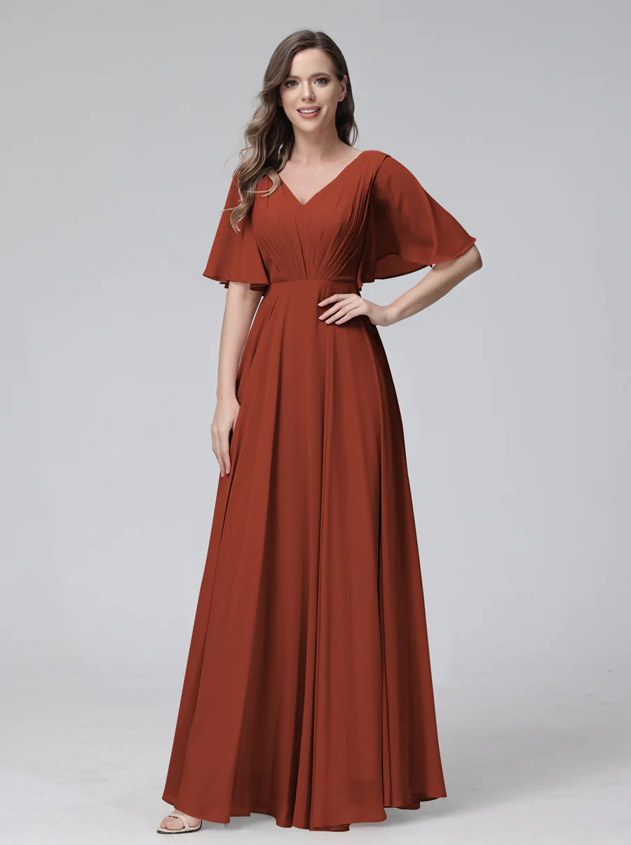 Wholesa A-Line V-Neck Half Sleeves Long Chiffon Bridesmaid Dresses With Ruffles Pockets