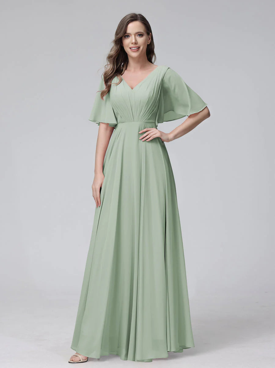 Wholesa A-Line V-Neck Half Sleeves Long Chiffon Bridesmaid Dresses With Ruffles Pockets