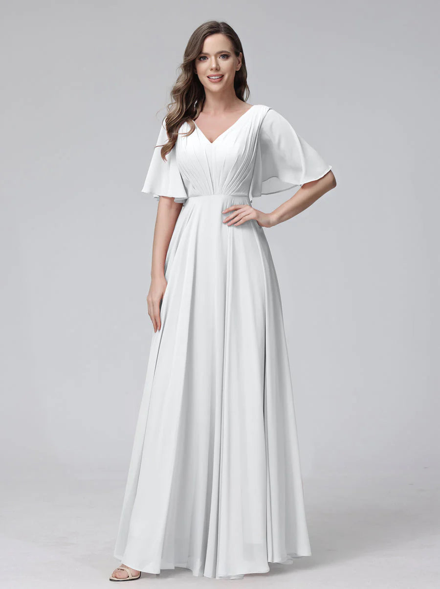 Wholesa A-Line V-Neck Half Sleeves Long Chiffon Bridesmaid Dresses With Ruffles Pockets