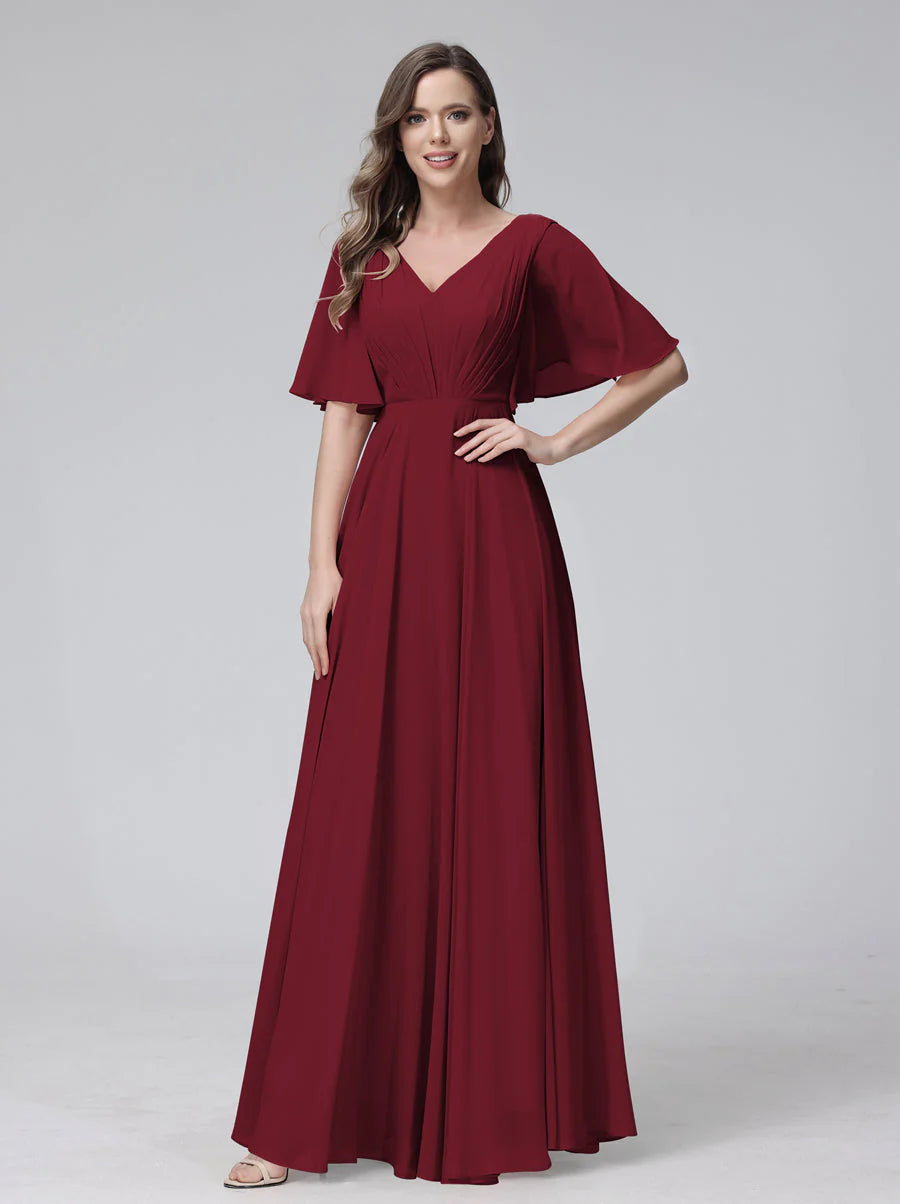 Wholesa A-Line V-Neck Half Sleeves Long Chiffon Bridesmaid Dresses With Ruffles Pockets