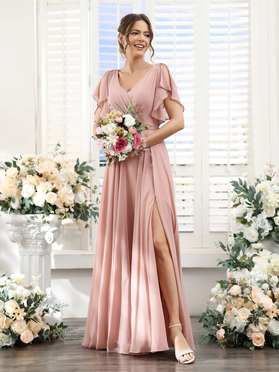 Wholesa A-Line V-Neck Short Sleeves Split Side Floor-Length Chiffon Bridesmaid Dresses